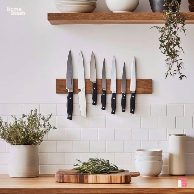 Wooden magnetic knife holder mounted on a kitchen wall, holding an assortment of knives with black handles. The setting includes a wooden countertop with a cutting board and fresh rosemary, alongside white bowls and a potted herb plant. White subway tiles and floating wooden shelves complete the minimal, modern kitchen look.