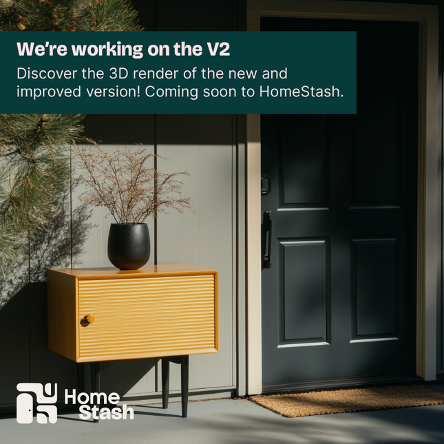 A wooden outdoor shoe rack with a textured front panel and black legs, midcentury design style, placed beside a dark green front door. A black vase with dried branches sits atop the rack, adding a decorative touch. The scene is set on a porch bathed in natural sunlight, with shadows from nearby trees